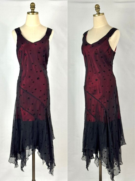 jonathan martin Dresses & Skirts - Vtg Y2K Black & Red Silk Dress Asymmetrical Handkerchief Hem Whimsigoth Vamp